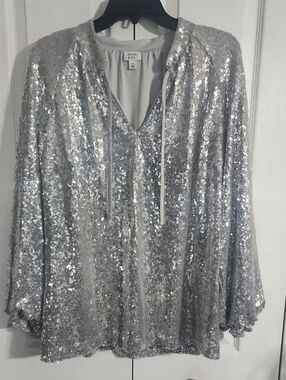 Crown & Ivy Silver Sequin V-Neck Blouse with Tie